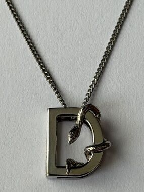 Saint Laurent YSL Sterling Silver D Initial Letter Snake Pendant Chain Necklace